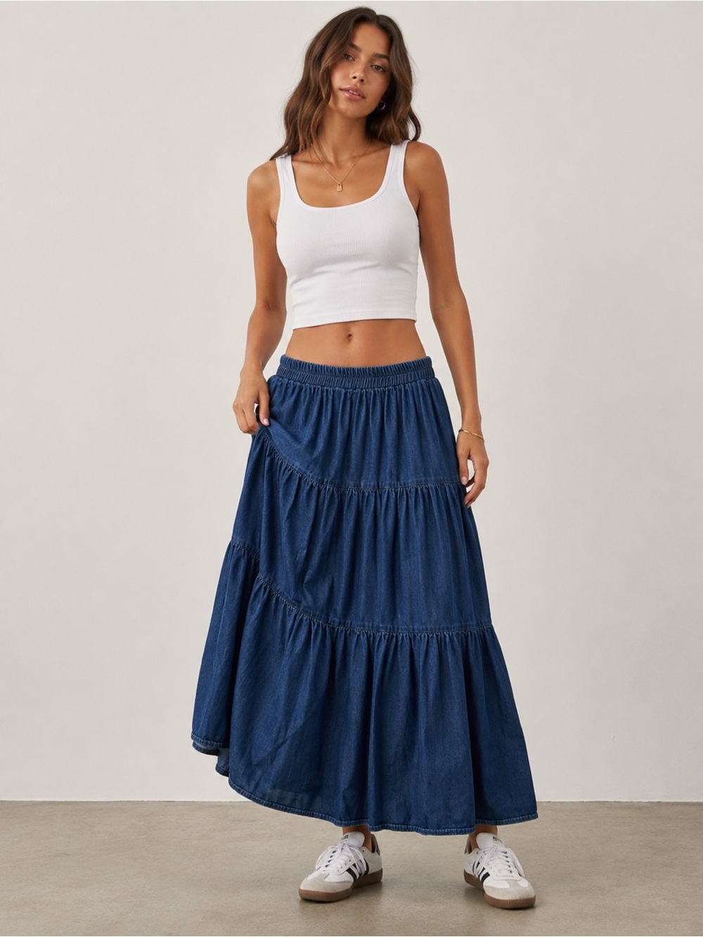 Vintage Tiered Denim Maxi Skirt by On The Verge - Made in USA - Sz S